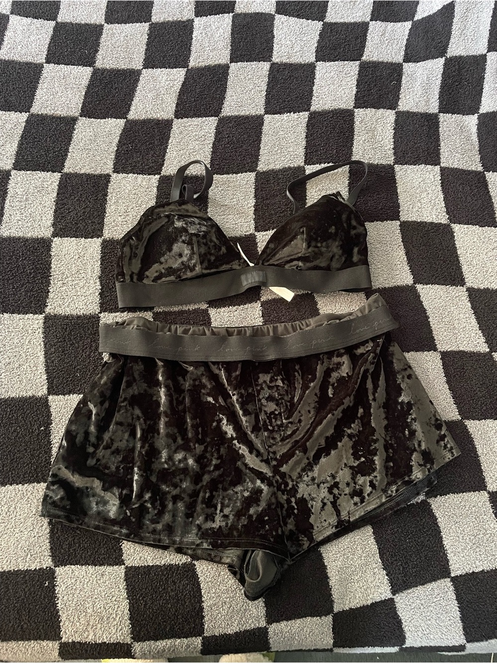 PINK Victoria's Secret Black Crushed Velvet Bralette & Short Set